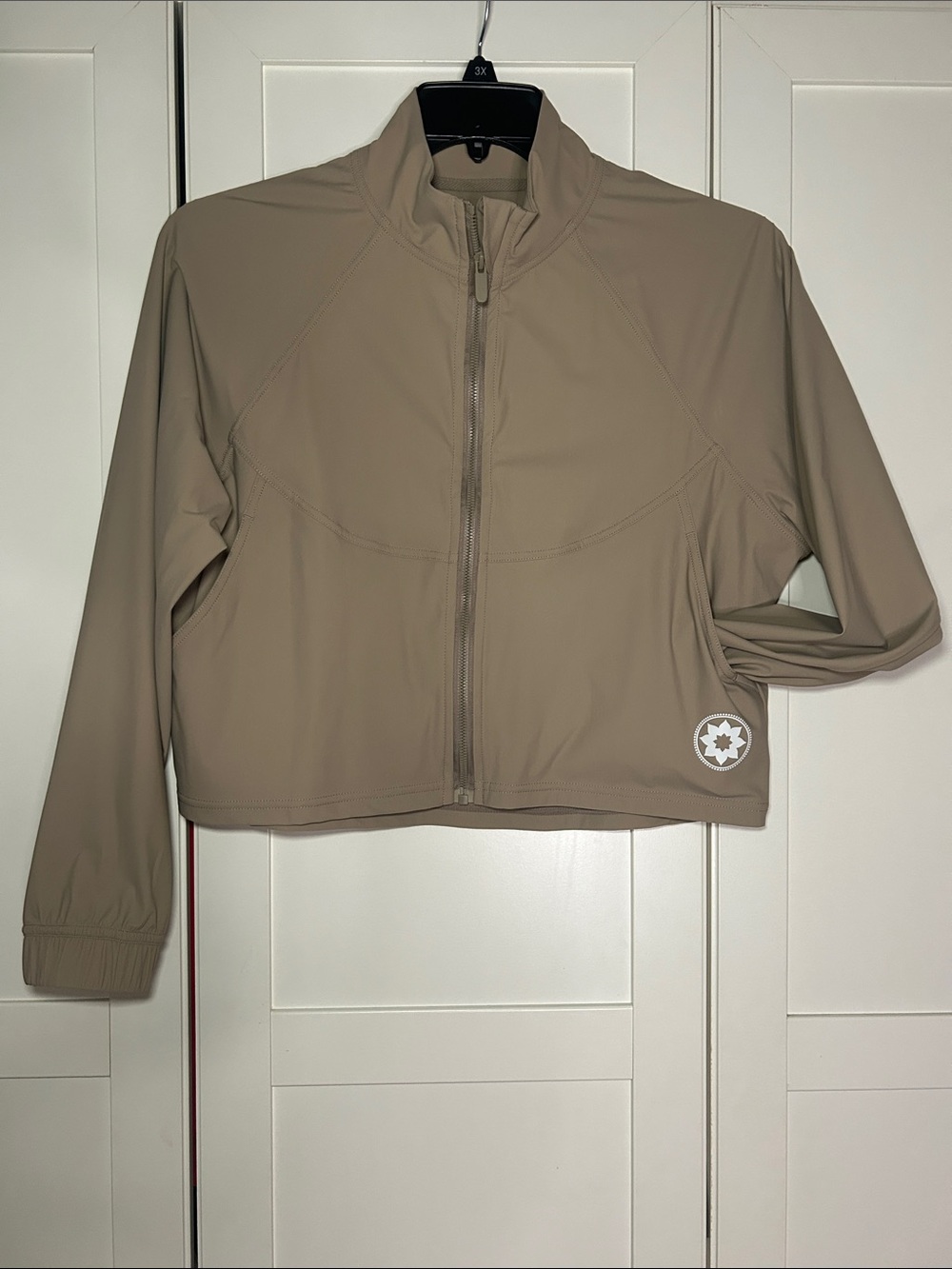 Club Pilates Cropped Zip-Front Bomber Jacket in Taupe